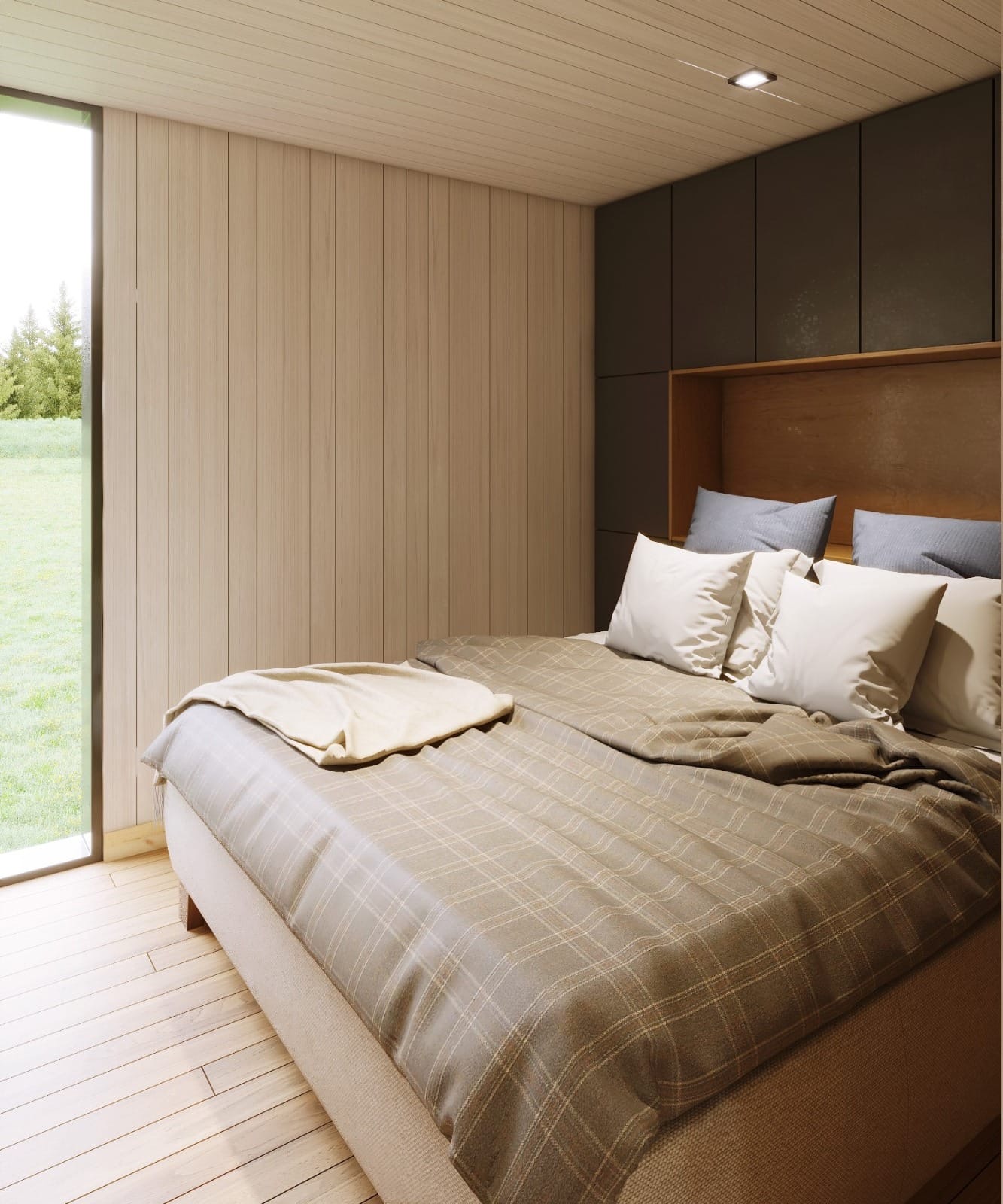 Dormitorio moderno con piso de madera
