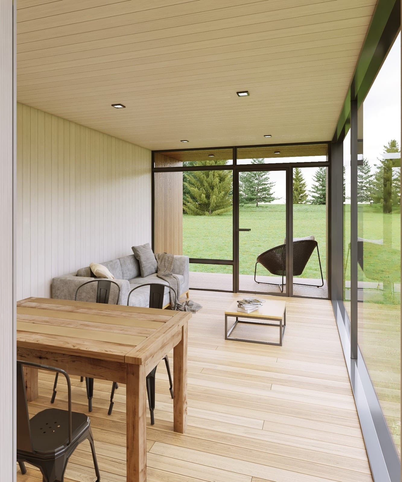 Living comedor integrado con grandes ventanales